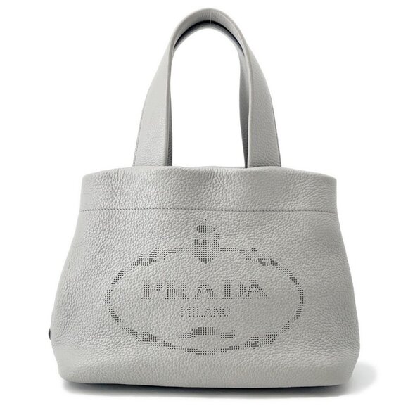 PRADA Punching logo Tote Bag Size Small Leather Gray - Picture 15 of 16